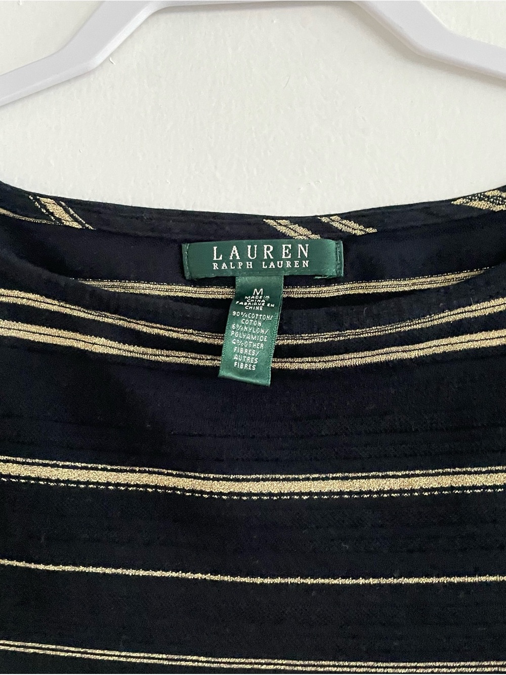 NWT Lauren Ralph Lauren M Black Gold Metallic Stripe Boatneck Top